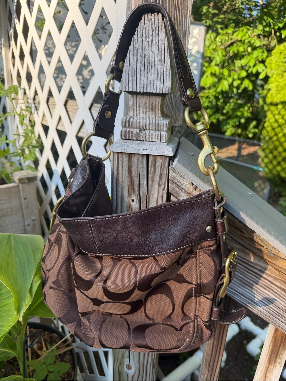 Coach Brown Signature Canvas Shoulder Bag with Dark Brown Leather Trim
